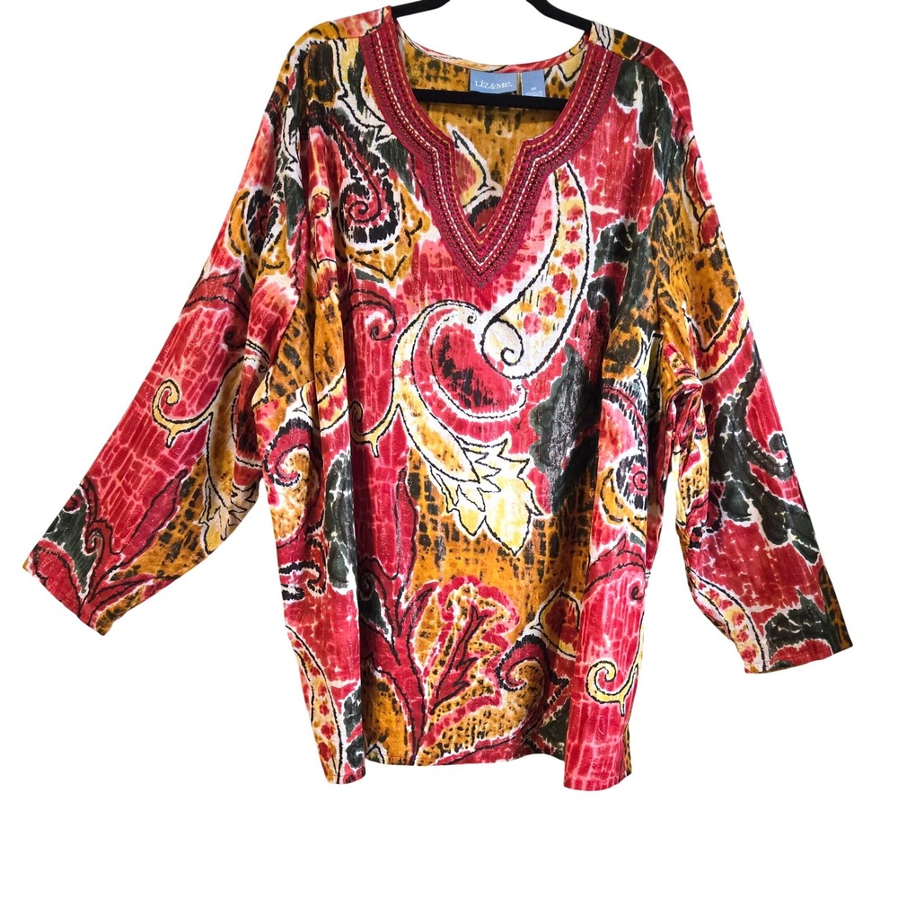 Liz & Me Women's 3X Paisley‎ Metallic Embroidered V-Neck Tunic Red Mustard Black